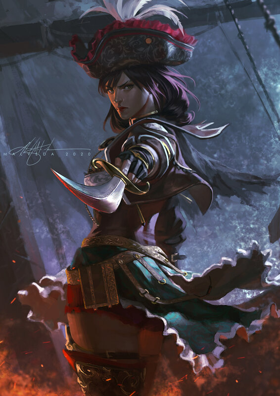 Female Pirate with Sword — Blue, Dramatic