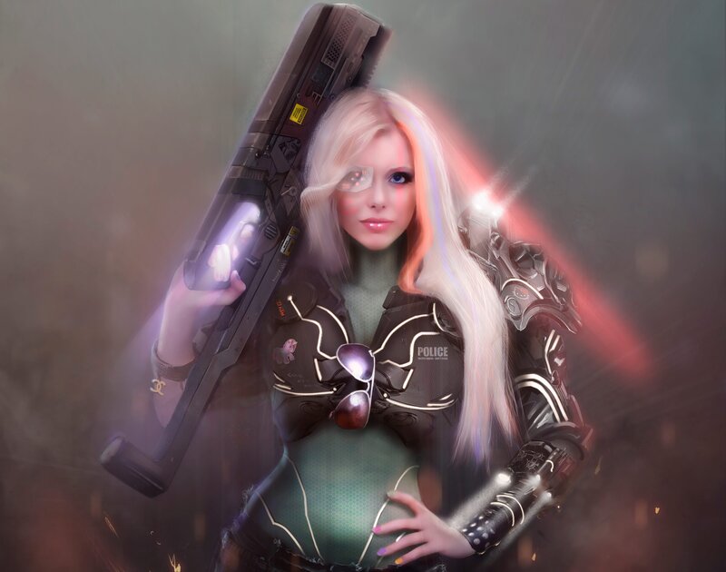 Female Police Officer — Black, Dramatic, Digital Art