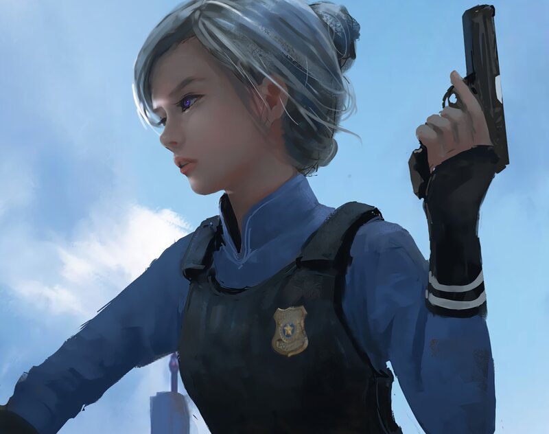 Female Police Officer — Blue, Dramatic, Afternoon, Digital Art
