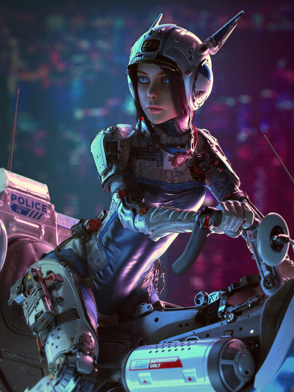 Female Police Officer on Motorcycle — Purple