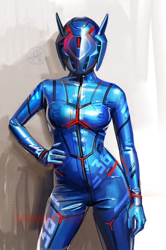 Female Robot in Blue Suit