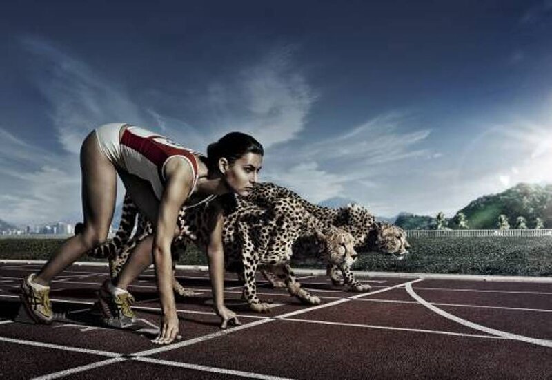 Female Runner with Cheetahs — Blue