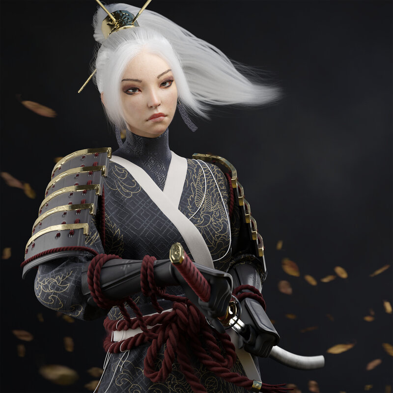 Female Samurai Warrior — Black, Dramatic, Autumn