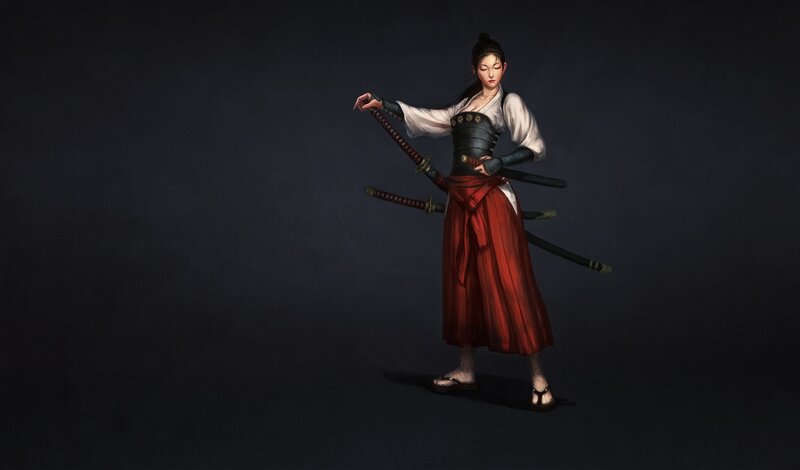 Female Samurai Warrior — Black, Dramatic, Digital Art, Swords