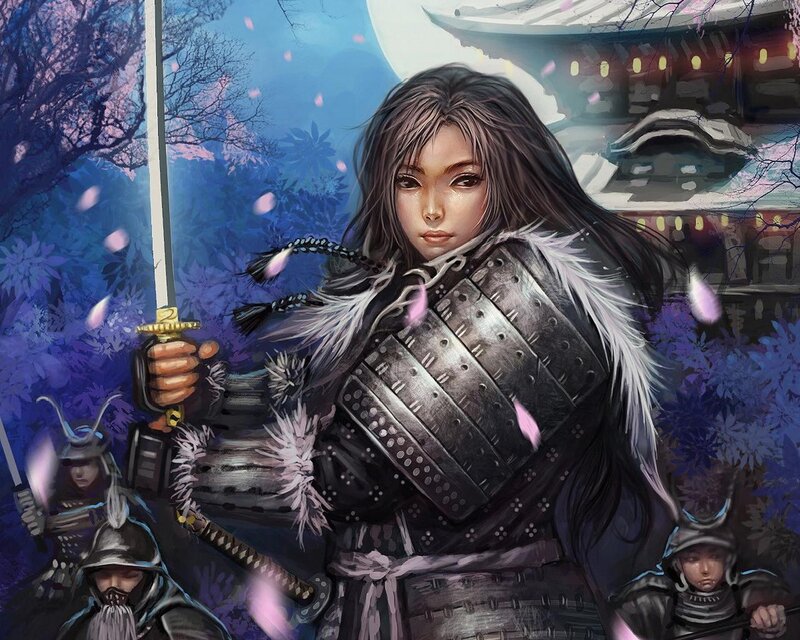 Female Samurai Warrior — Blue, Dramatic, Night