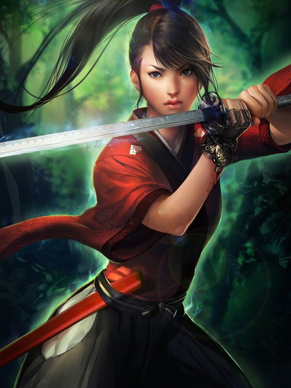 Female Samurai Warrior — Green, Dramatic, Digital Art