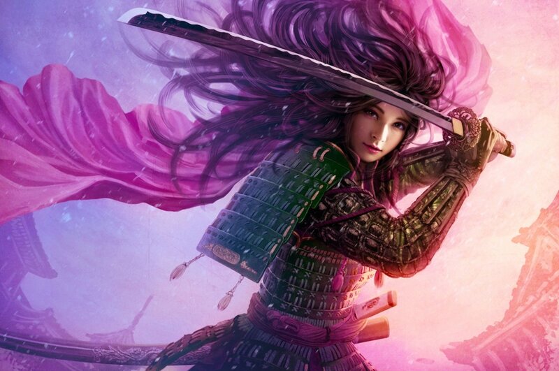 Female Samurai Warrior — Purple, Dramatic, Digital Art, Sword, Armor, Hair