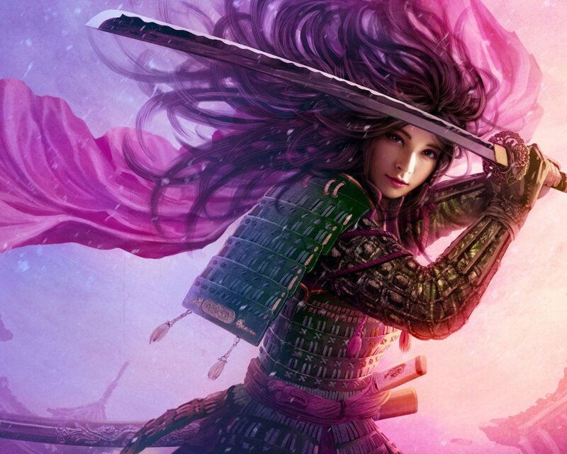 Female Samurai Warrior — Purple, Dramatic, Digital Art, Sword, Armor