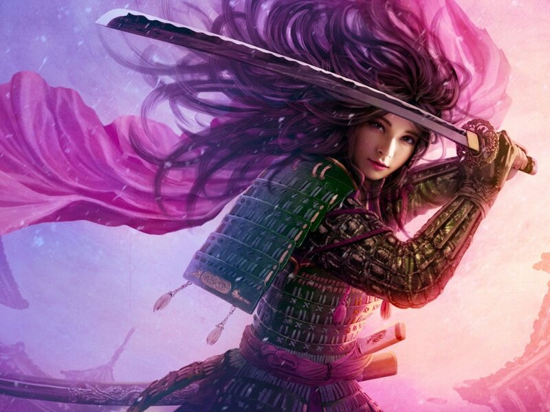 Female Samurai Warrior — Purple, Dramatic, Digital Art