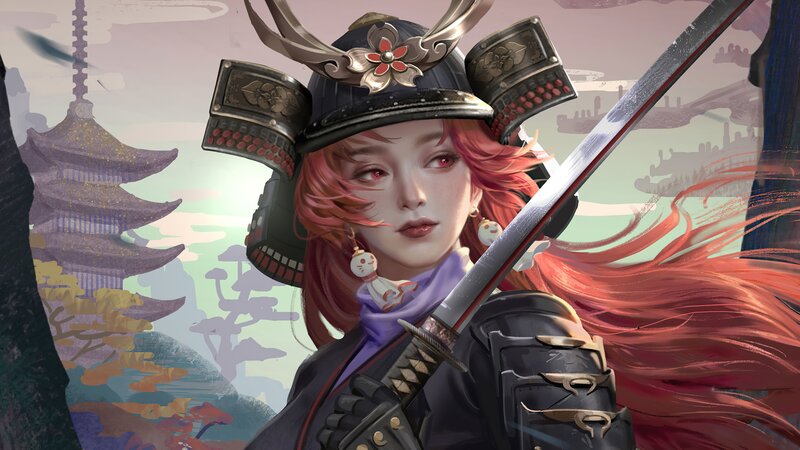 Female Samurai Warrior — Red, Dramatic, Digital Art, Sword, Helmet