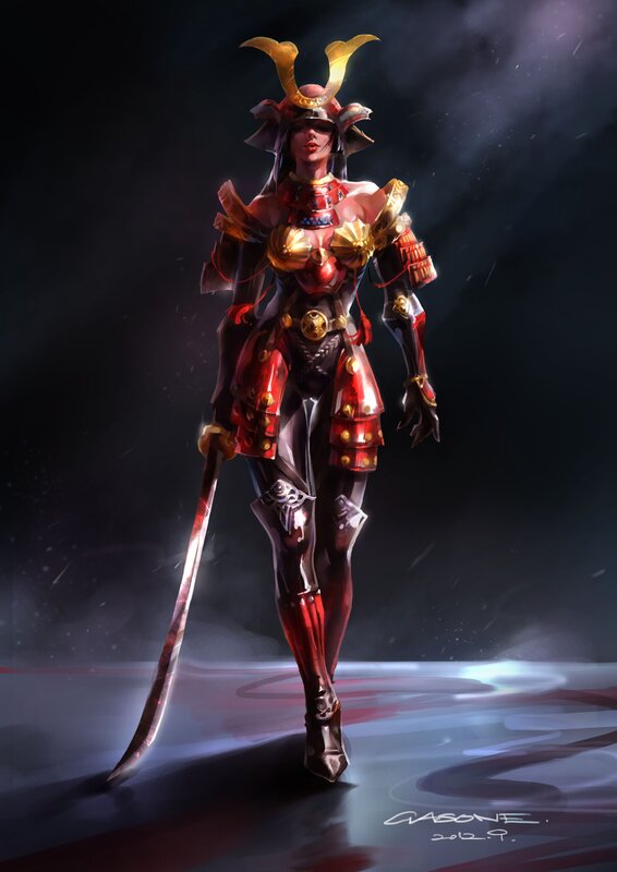 Female Samurai Warrior — Red, Dramatic, Night, Digital Art, Armor