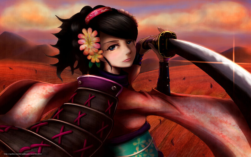 Female Samurai Warrior — Red, Dramatic, Sunset, Anime
