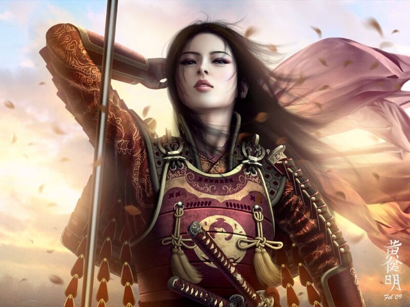 Female Samurai Warrior — Red, Dramatic, Sunset, Digital Art, Armor, Sword, Fallen Leaves