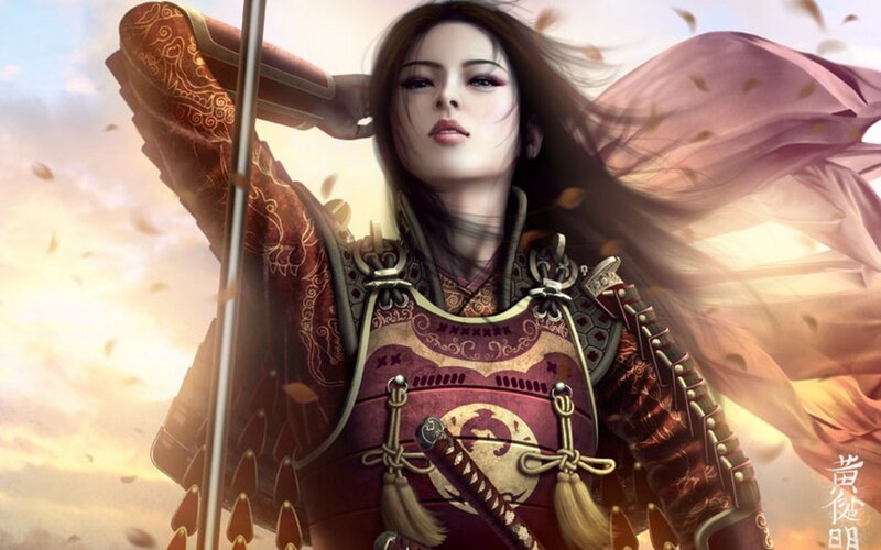 Female Samurai Warrior — Red, Dramatic, Sunset, Digital Art, Armor, Sword, Falling Leaves