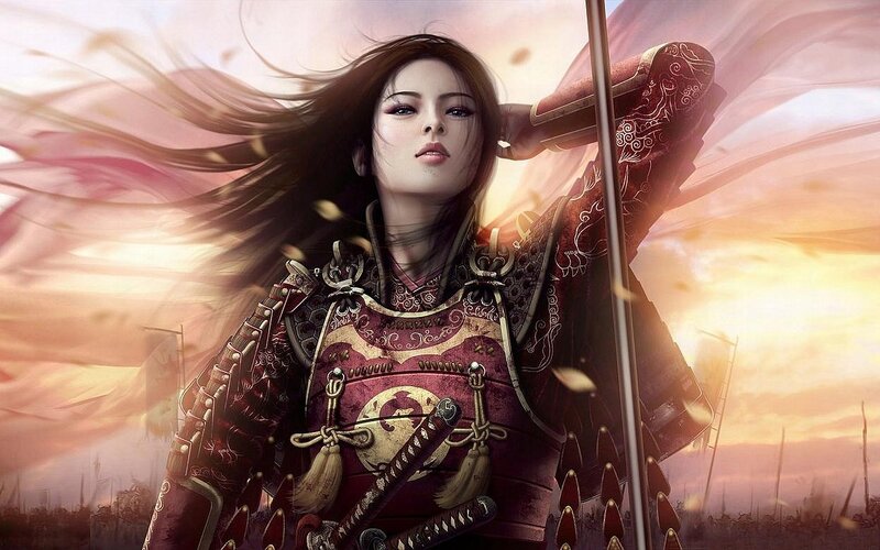 Female Samurai Warrior — Red, Dramatic, Sunset, Digital Art, Armor, Sword, Flag, Gold