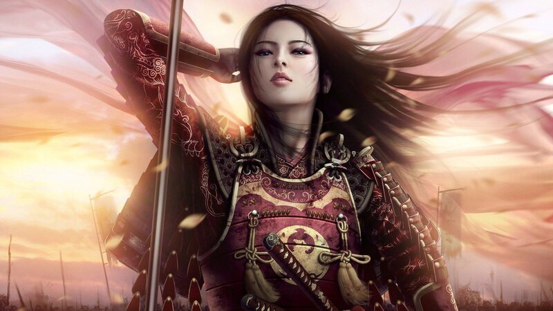 Female Samurai Warrior — Red, Dramatic, Sunset, Digital Art