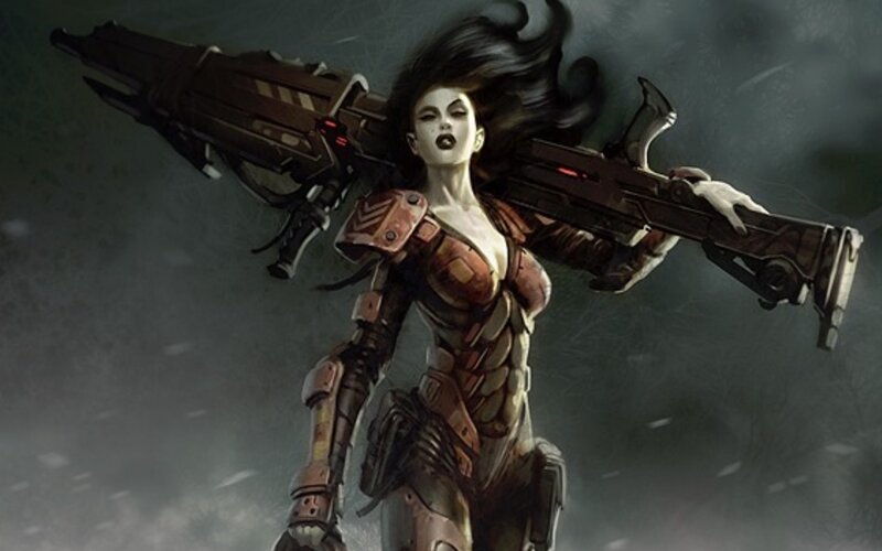 female sci-fi soldier with weapons