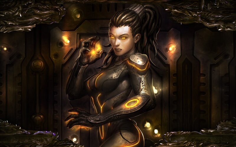 female sci-fi warrior with glowing eyes