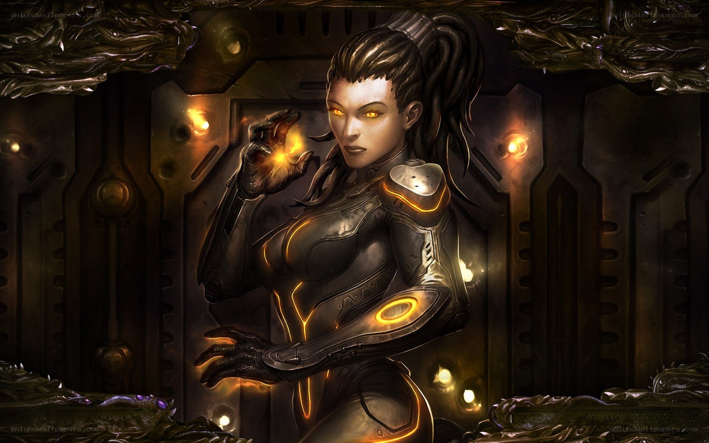 female sci-fi warrior with glowing eyes