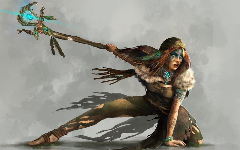 Female Shaman with Staff — Brown, Dramatic