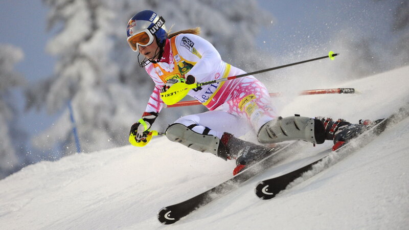 Female Skier in Action — White, Dynamic, Winter, Photograph