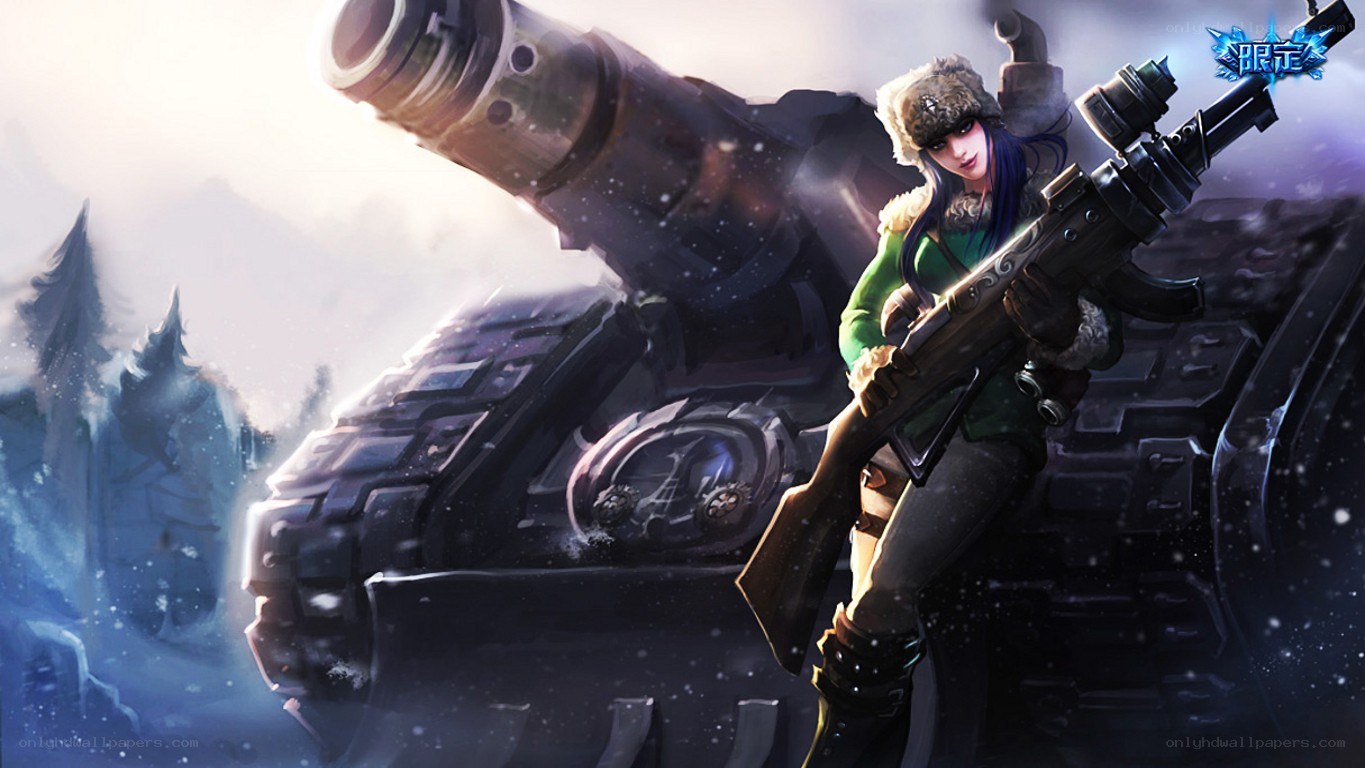 female sniper in snowy landscape