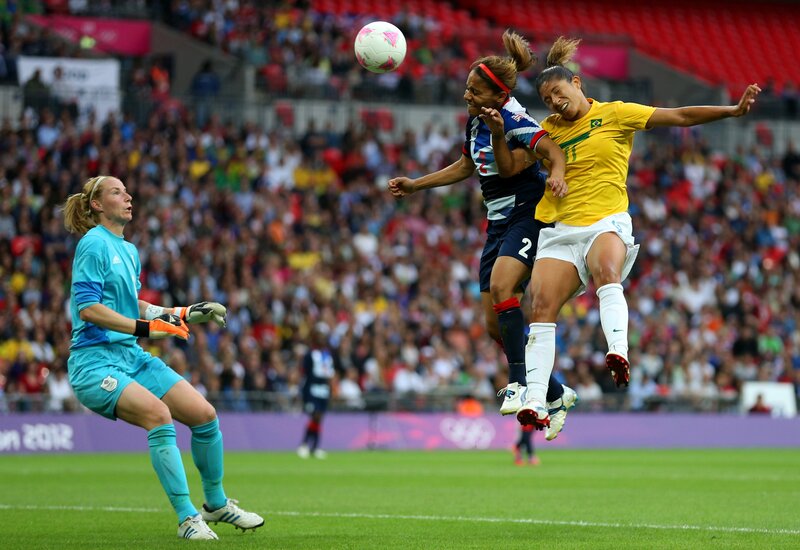 Female Soccer Players Jumping