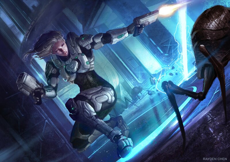 Female Soldier Fighting Alien — Blue