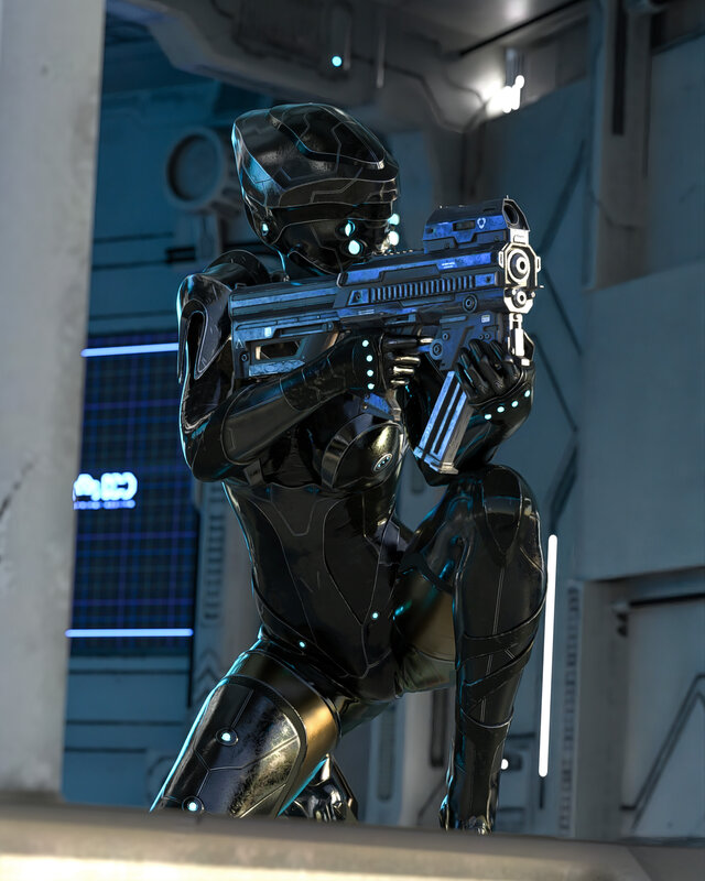 Female Soldier in Armor — Black, Dramatic, 3d Render, Gun