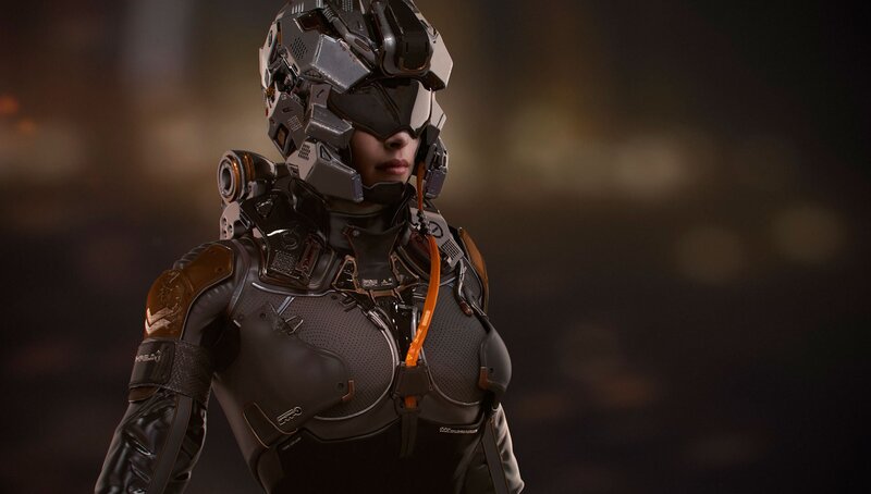 Female Soldier in Armor — Black, Dramatic, 3d Render, Helmet