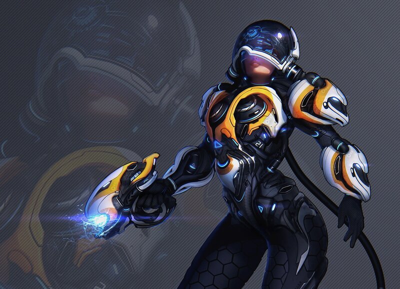 Female Soldier in Armor — Black, Dramatic, Digital Art, Helmet