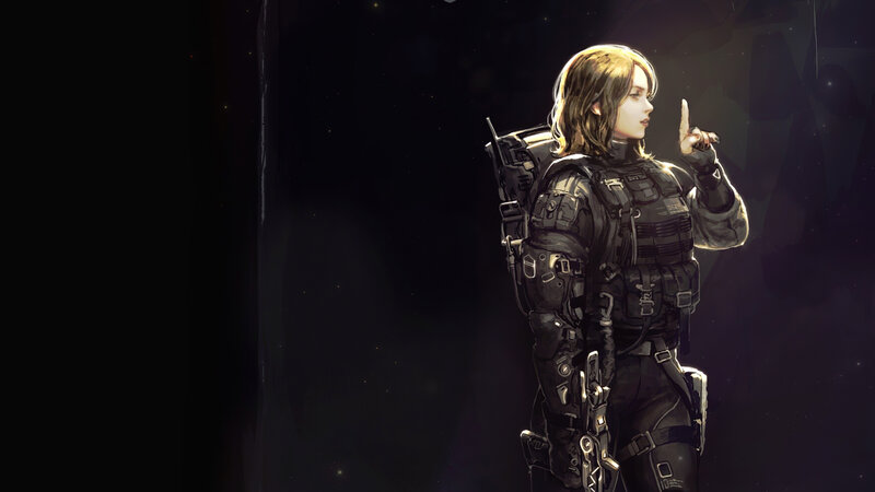 Female Soldier in Armor — Black, Dramatic, Night, Digital Art, Backpack