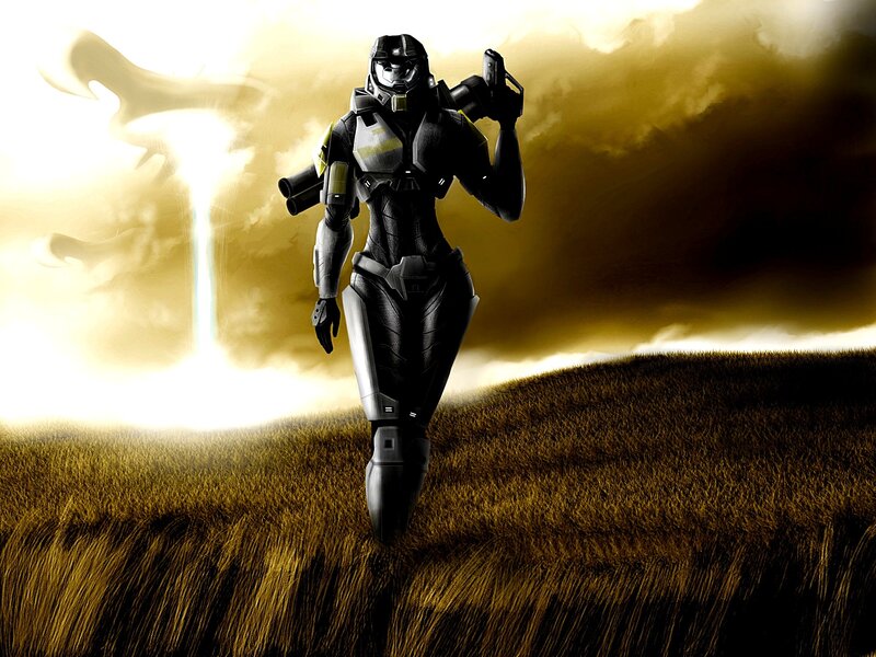 Female Soldier in Armor — Black, Dramatic, Sunset