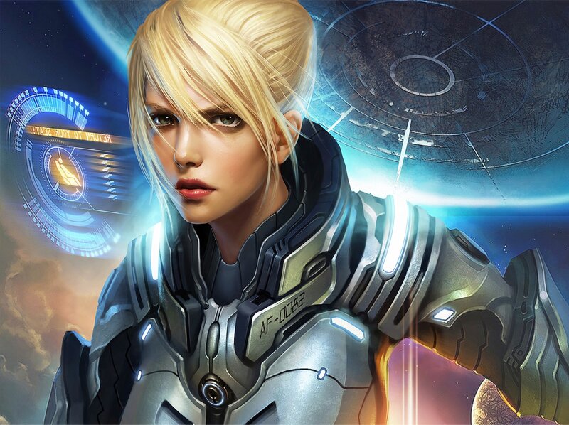 Female Soldier in Armor — Blue, Dramatic, Digital Art, Spacecraft