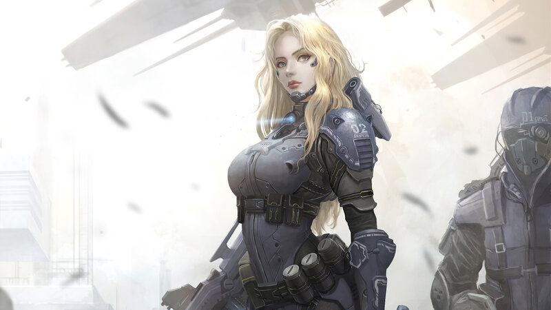 Female Soldier in Armor — Gray, Dramatic, Digital Art, Debris
