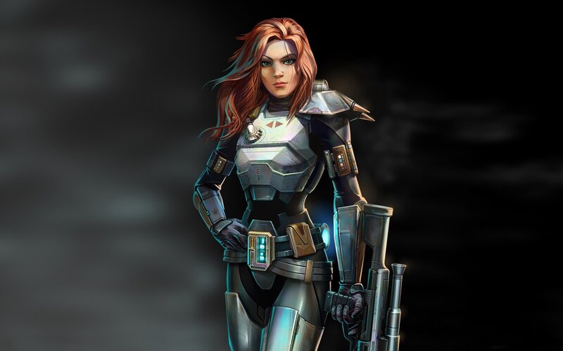 Female Soldier in Armor — Gray, Dramatic, Digital Art, Gun, Red Hair