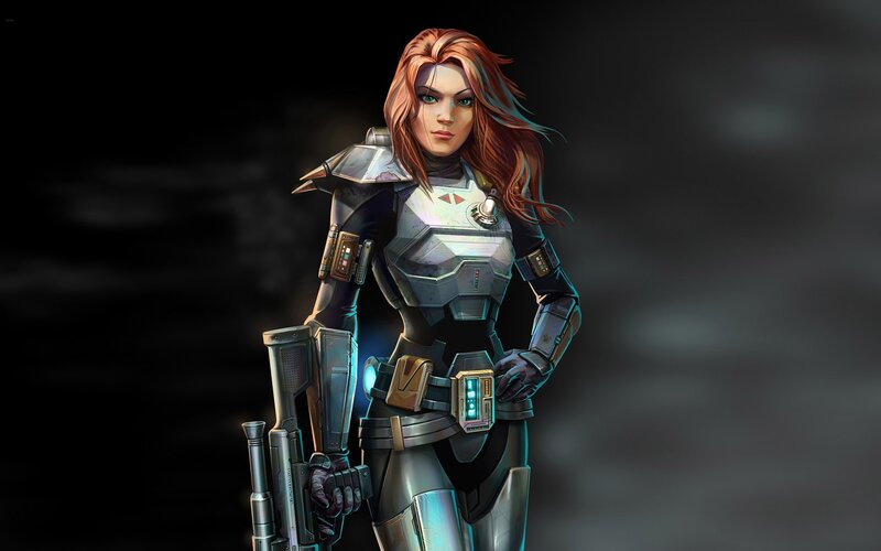 Female Soldier in Armor — Gray, Dramatic, Digital Art, Gun