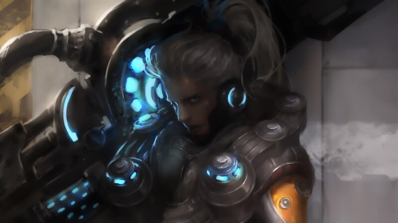 Female Soldier in Armor — Gray, Dramatic, Digital Art, Helmet