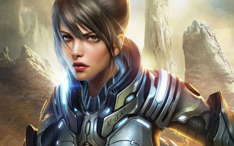 Female Soldier in Armor — Gray, Dramatic, Digital Art, Mountains