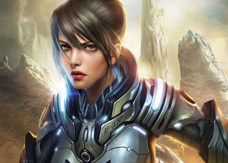 Female Soldier in Armor — Gray, Dramatic, Sunset