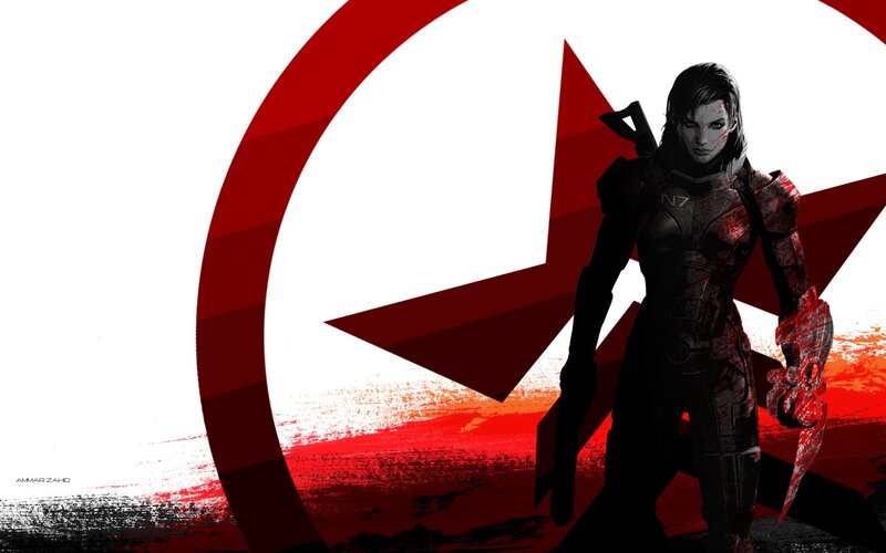 Female Soldier in Armor — Red, Dramatic, Digital Art, N7 Logo