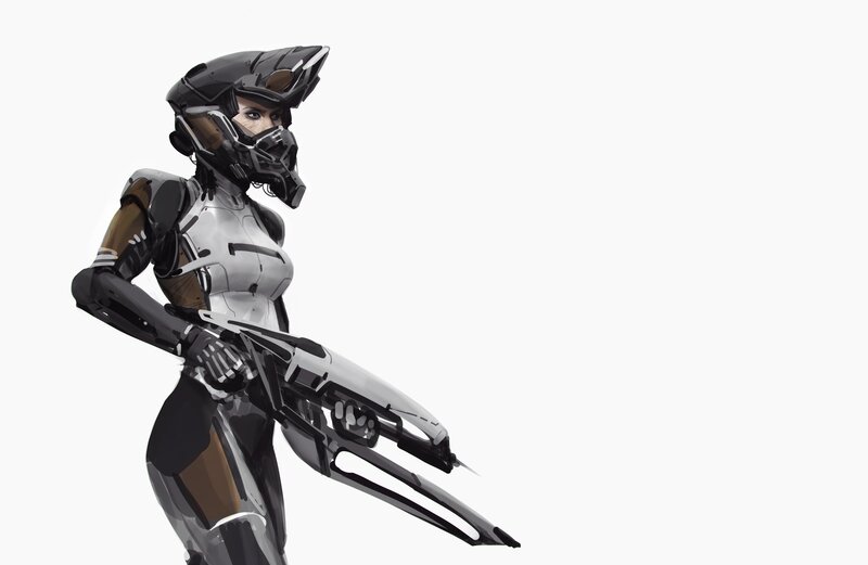 Female Soldier in Armor — White, Dramatic, Digital Art