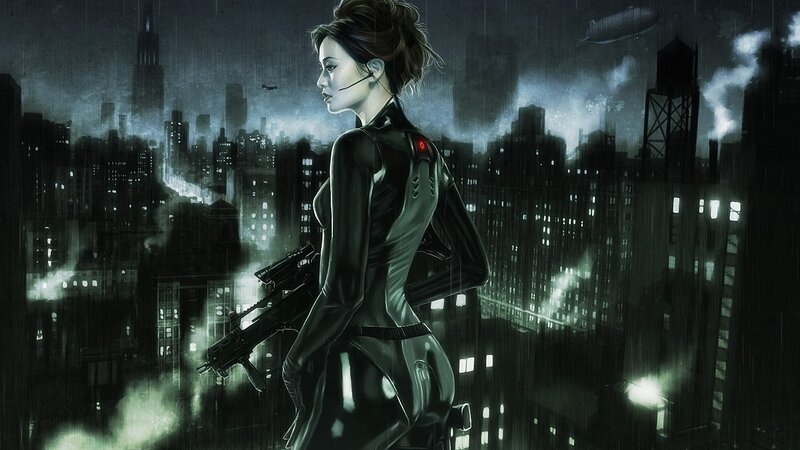 female soldier in rainy city