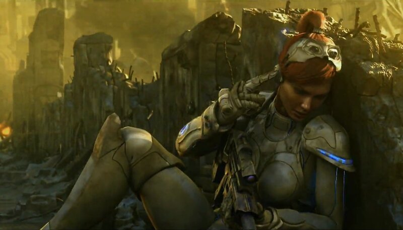 female soldier in ruins