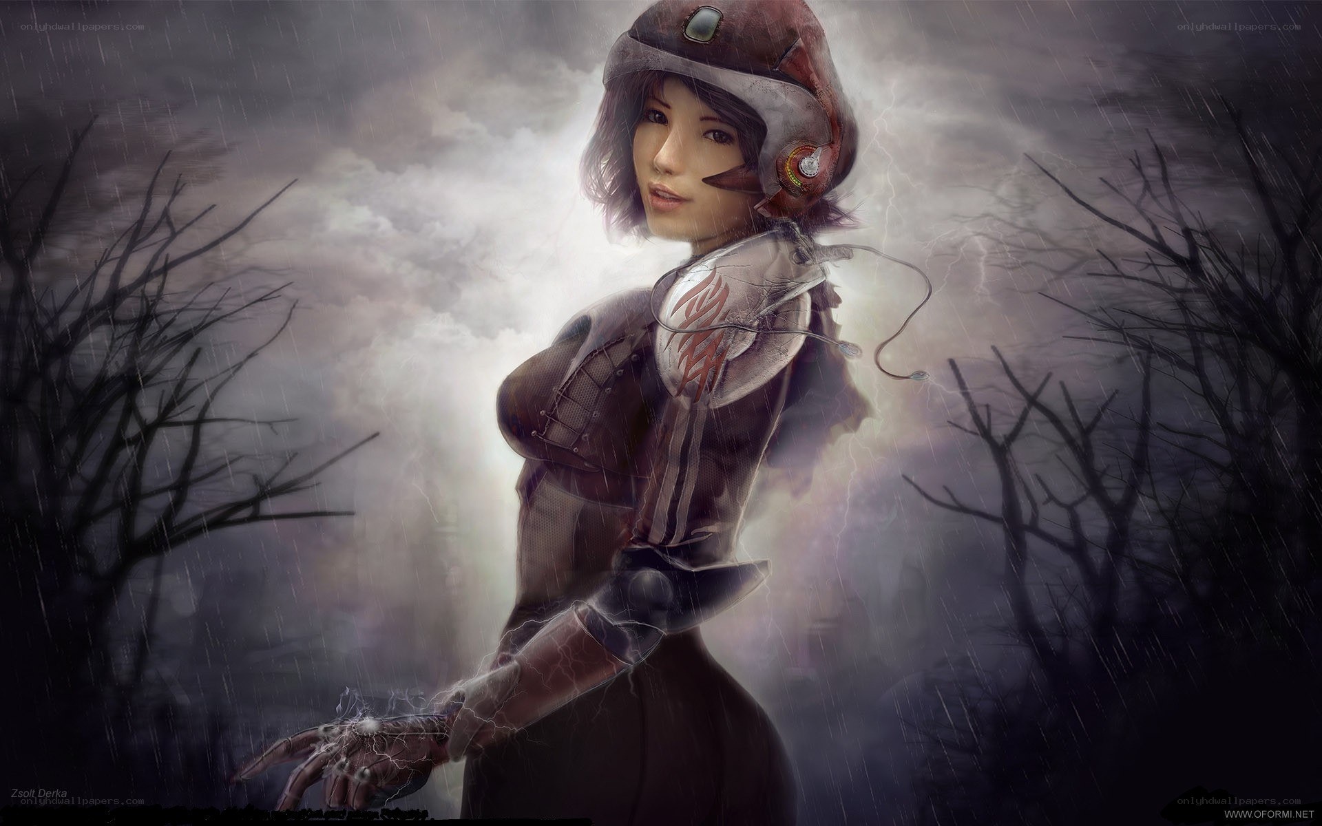 female soldier in storm