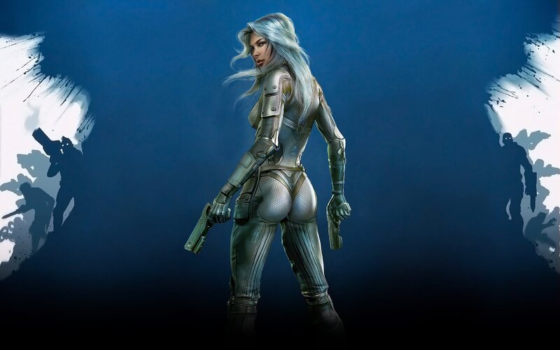 female soldier with dual pistols