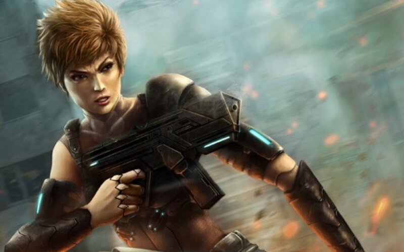female soldier with futuristic rifle