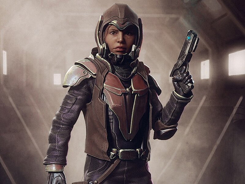 female soldier with futuristic weapon