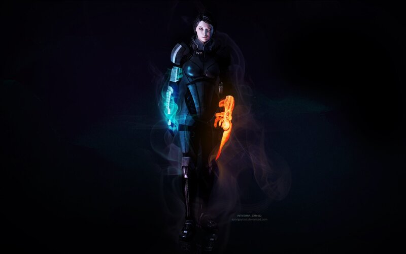 female soldier with glowing weapons