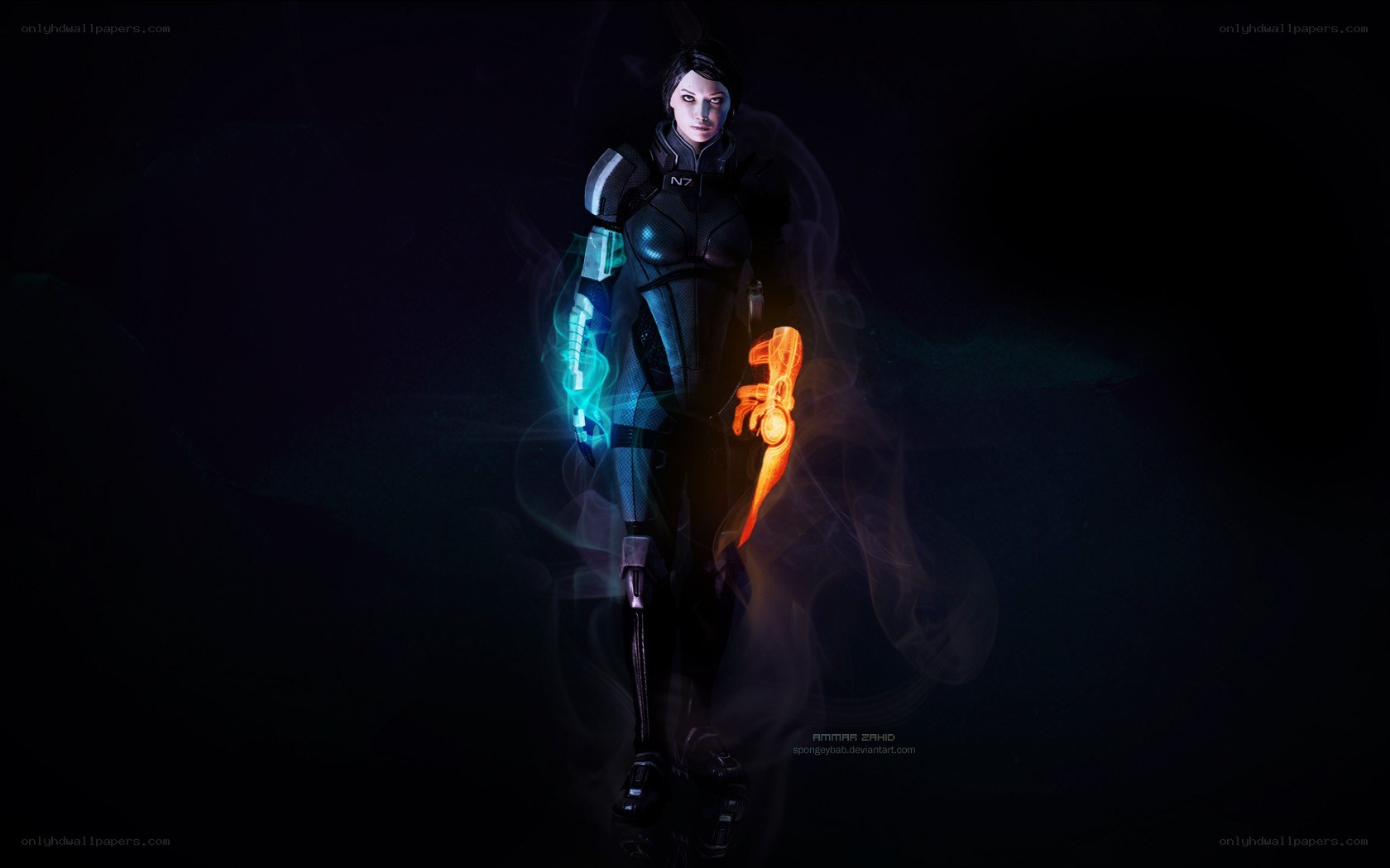 female soldier with glowing weapons